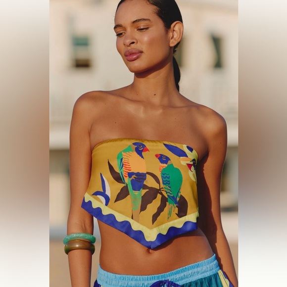 Anthropologie Tops - Anthropologie Mustard Yellow Tropical Parrot Bandeau Top